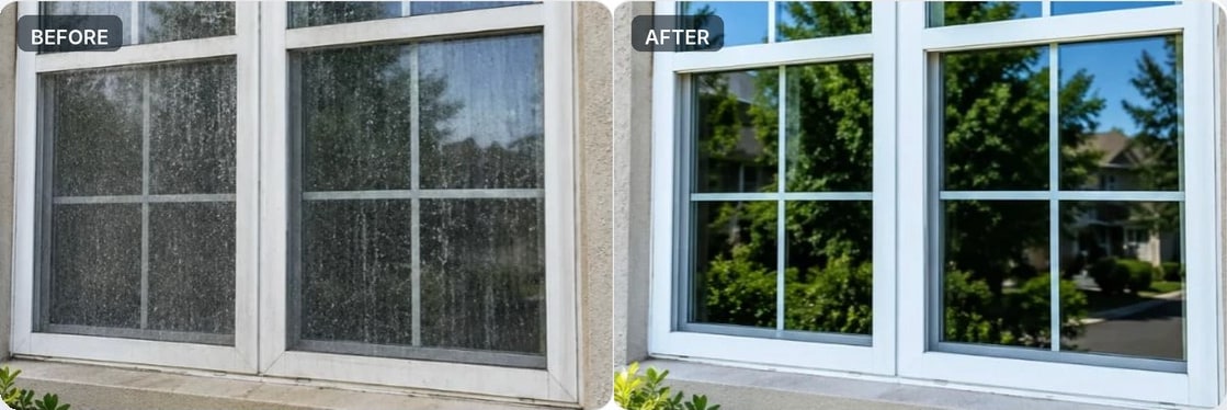 Before and after photos of a window: covered in hard water spots, then cleaned.