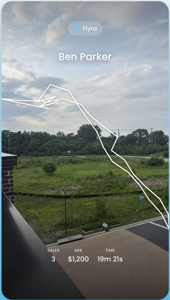A shareable session recap with the walked route drawn over a photo.