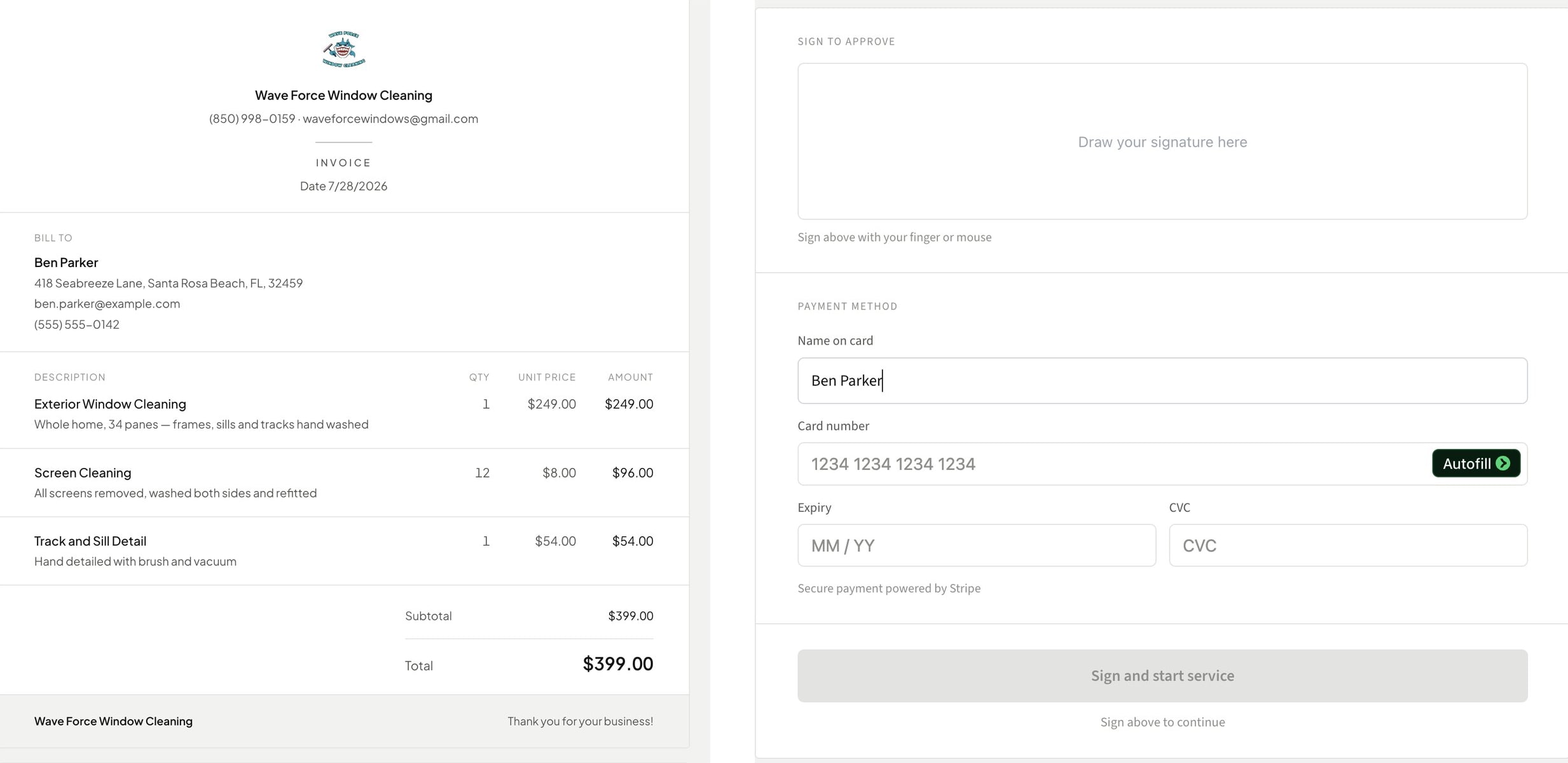 A redesigned invoice next to the customer approval page where they sign and enter a card.