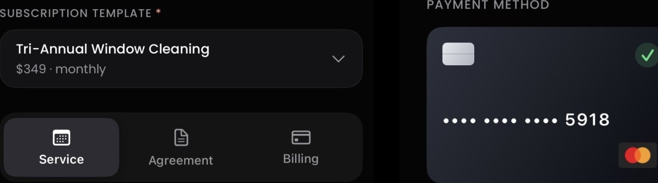The new subscription flow: a plan template with Service, Agreement and Billing steps, and a card saved on file.
