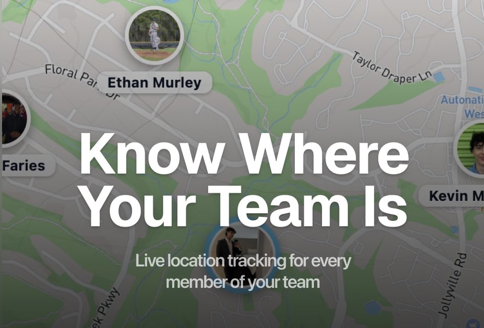 The Flyra map with live photo markers showing where each teammate is.