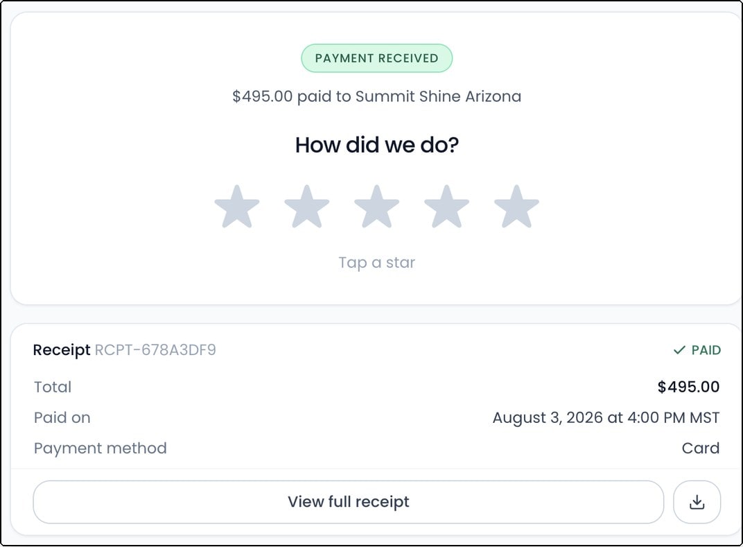 The post-payment receipt with a five-star review ask above the receipt details.
