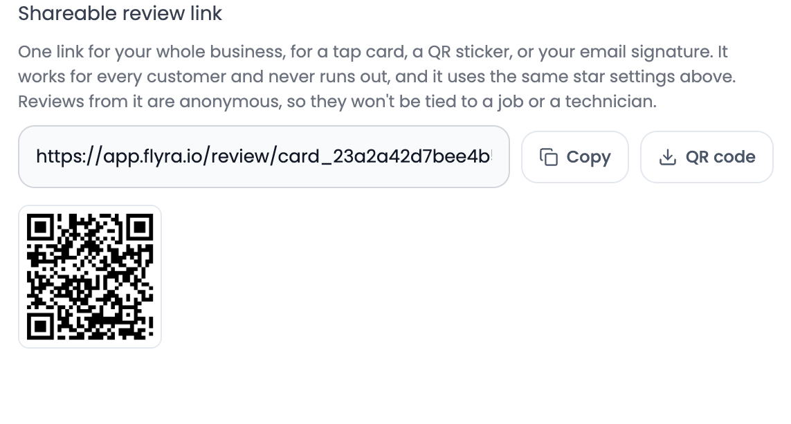 The shareable review link card with its copyable URL and QR code.