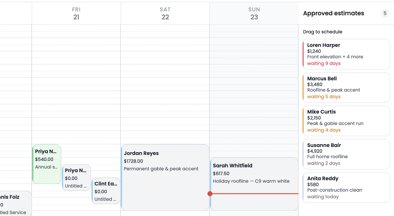 The schedule with the Approved estimates panel: five approved estimates waiting for a date, ready to drag onto the calendar.