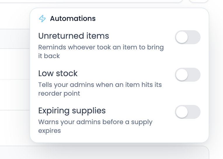 Inventory automations: Unreturned items, Low stock, and Expiring supplies toggles.