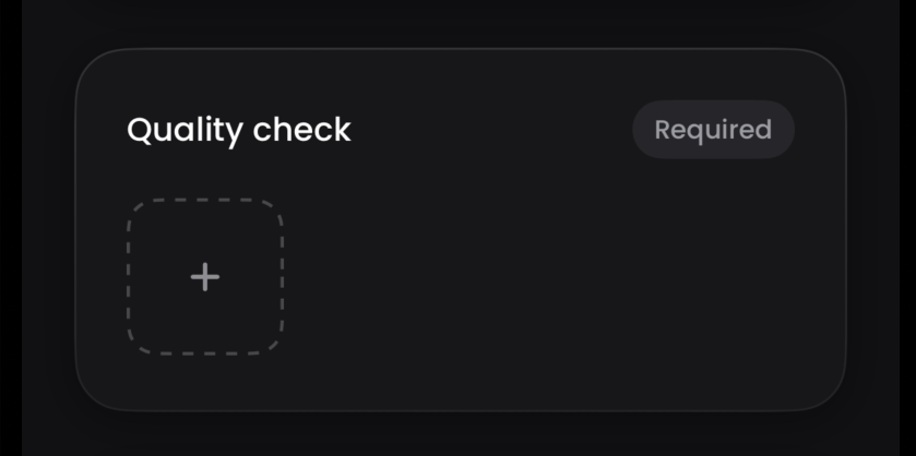 The Quality check card on a job, marked Required, with a photo upload tile.