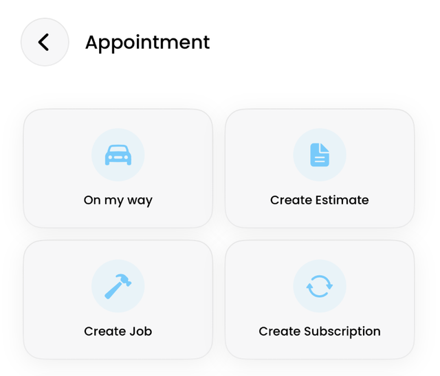 An appointment opened on a phone, with On my way, Create Estimate, Create Job and Create Subscription.