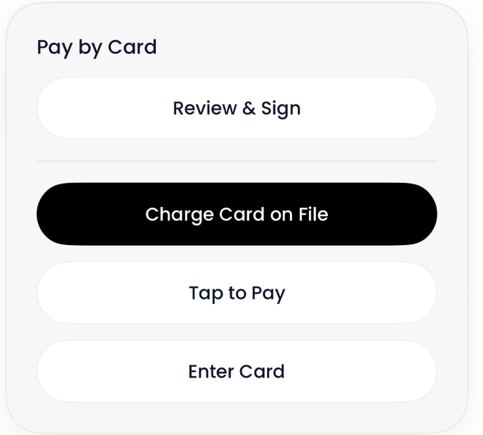 The Pay by Card panel on a job: Review & Sign, Charge Card on File, Tap to Pay and Enter Card.