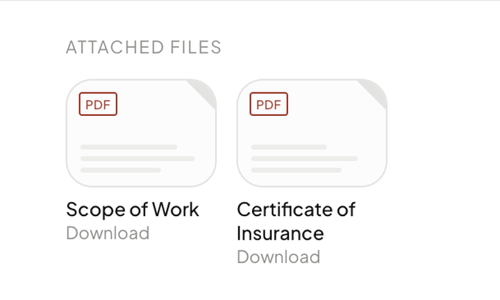 Attached files on a customer’s estimate: Scope of Work and Certificate of Insurance, each with a Download link.