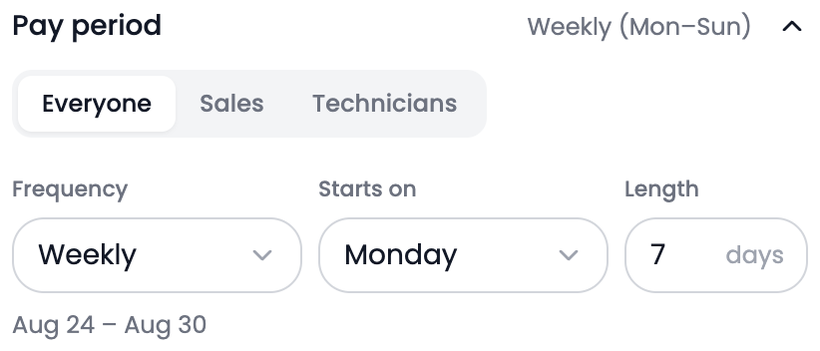 The Pay period section: Everyone, Sales and Technicians, with Frequency, Starts on and Length, and the dates they resolve to.