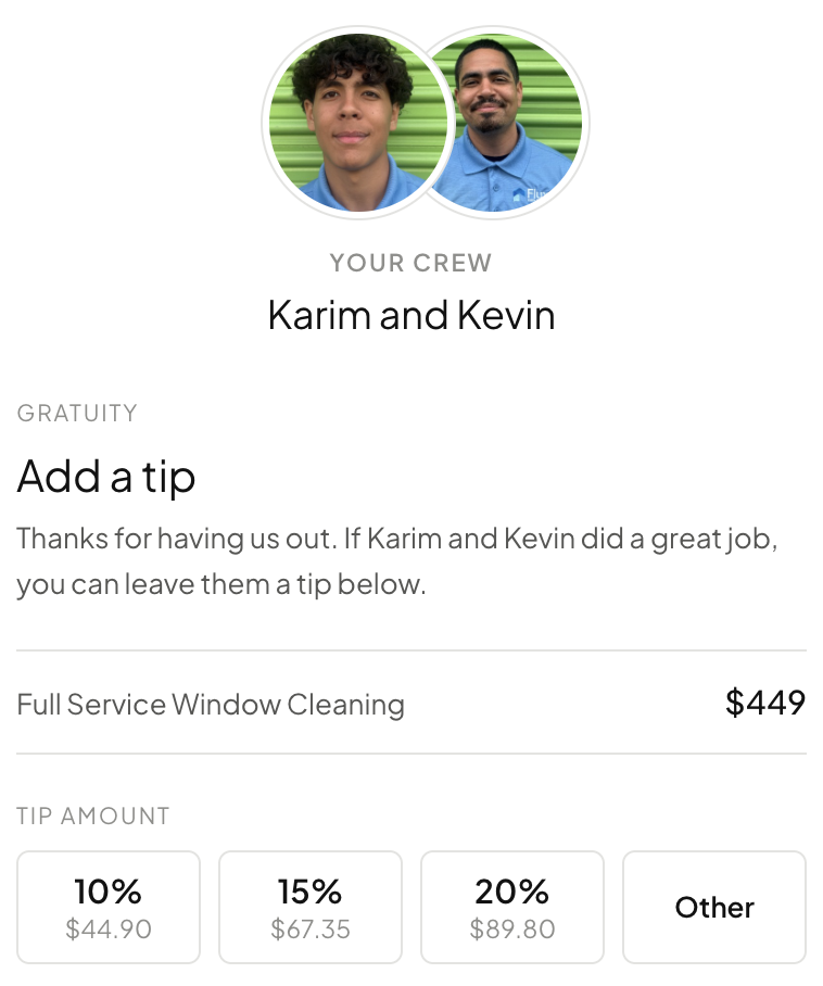 The tip page: Your crew and their photos, Add a tip, the service and its price, and the tip amount buttons.