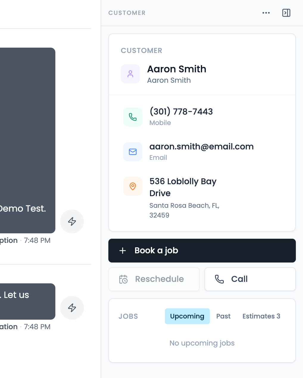 The new inbox: a customer’s thread on the left with a sent subscription and an automated follow-up, and the customer card on the right with Book a job, Reschedule and Call.
