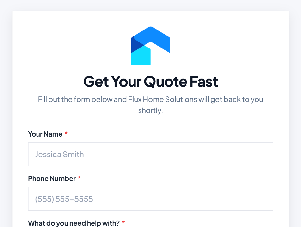 A lead form with the company logo, name and phone fields, and service options to pick.