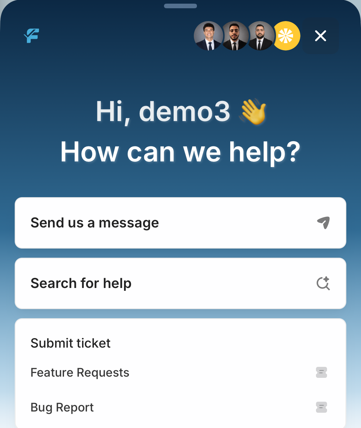 The support sheet: Send us a message, Search for help, and Submit ticket.