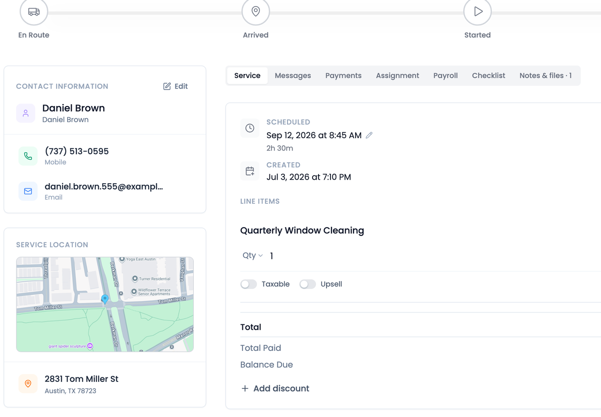 A job page with contact details and a service location map on the left, and a tabbed panel on the right showing the schedule and line items.