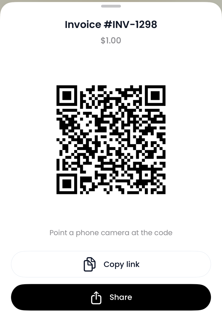 A phone showing an invoice with a QR code, and Copy link and Share buttons underneath.