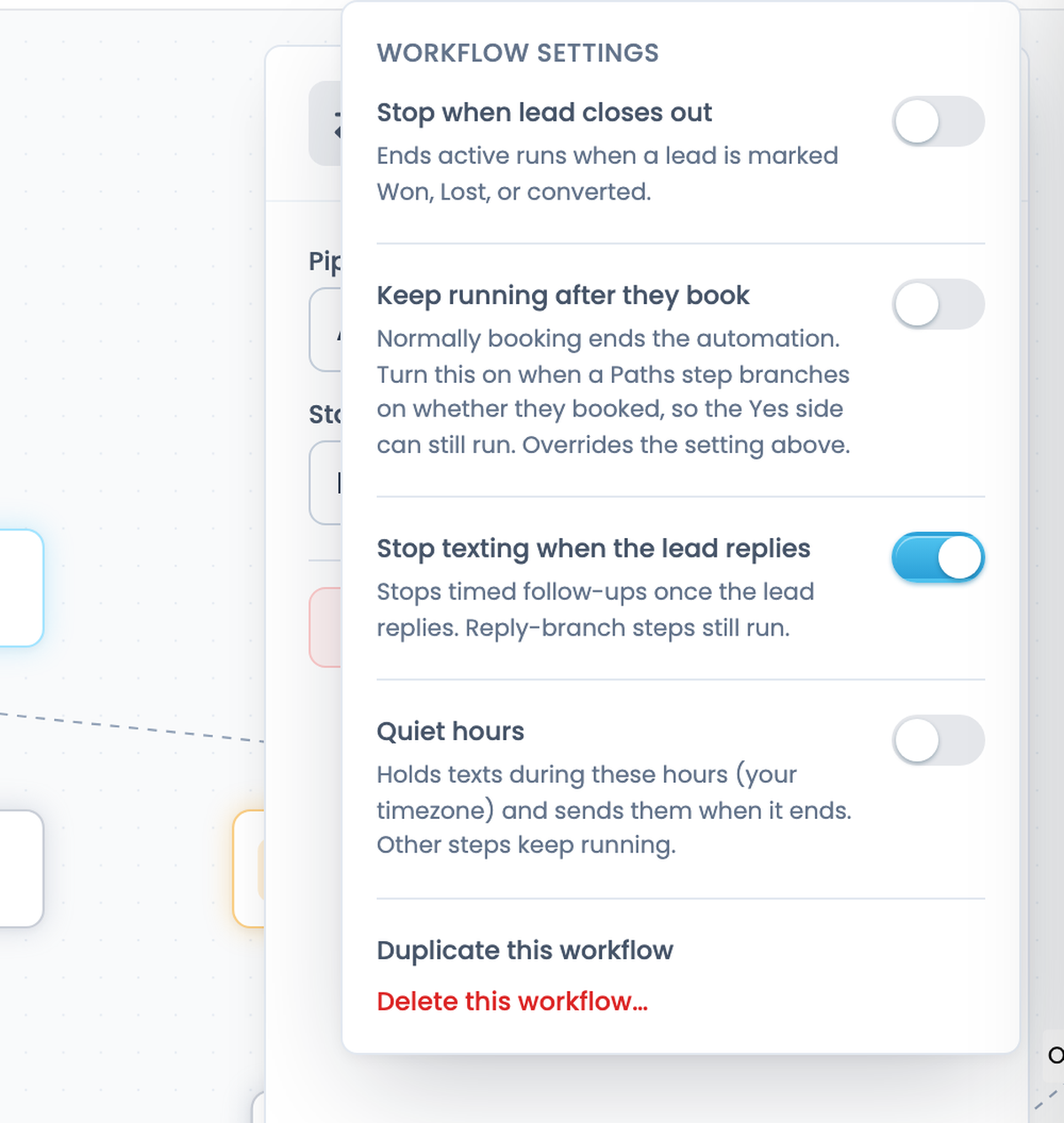 The workflow settings menu open in the builder, showing Duplicate this workflow.