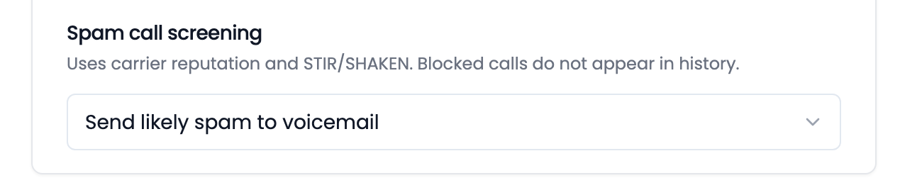 The spam call screening row under the phone number card, set to Send likely spam to voicemail.
