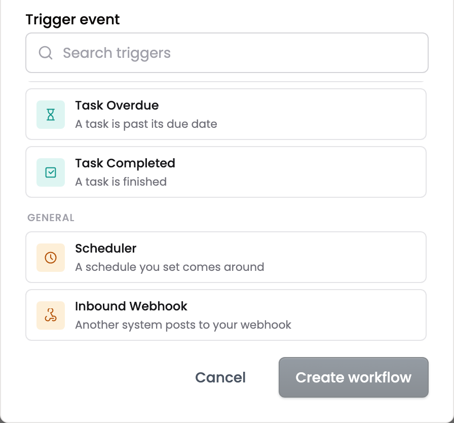 The trigger picker scrolled to Task Overdue and Task Completed, then a General group holding Scheduler and Inbound Webhook.