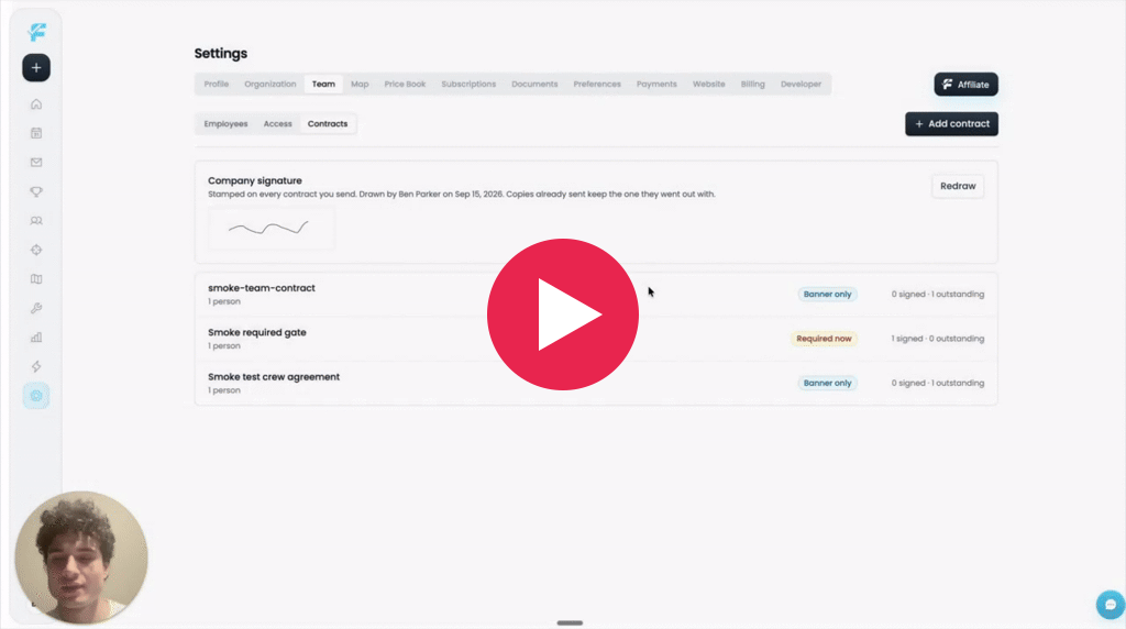 The contracts list in Settings, Team, Contracts, with a play button over it: the company signature, then three contracts with Banner only and Required now beside how many have signed.