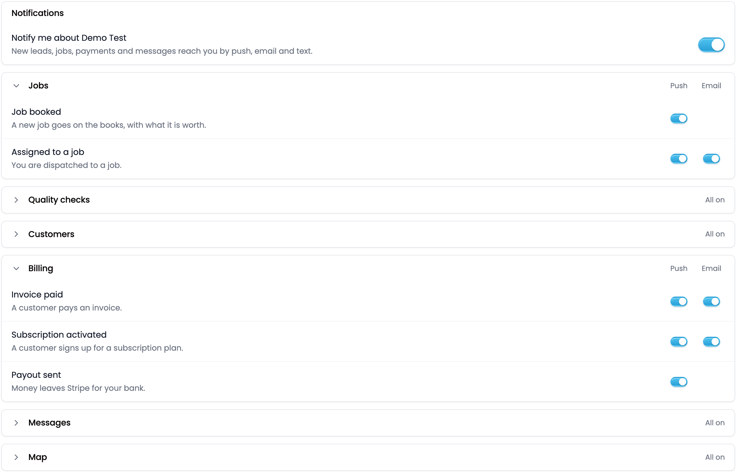 The notifications settings: a master switch, then Jobs, Quality checks, Customers, Billing, Messages and Map, each row with its own Push and Email toggles.