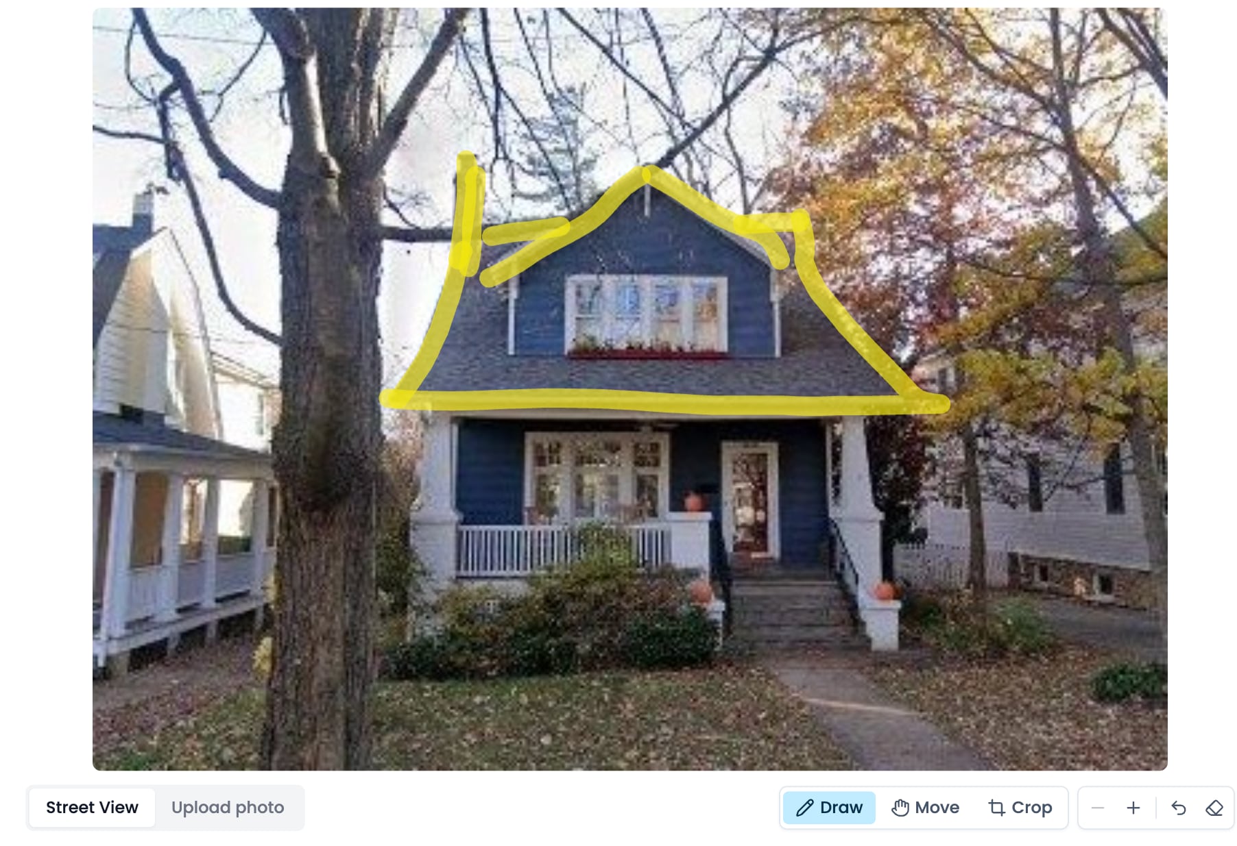 Pick a look on a house photo with the roofline traced in yellow where the lights go, and Draw, Move and Crop under it.
