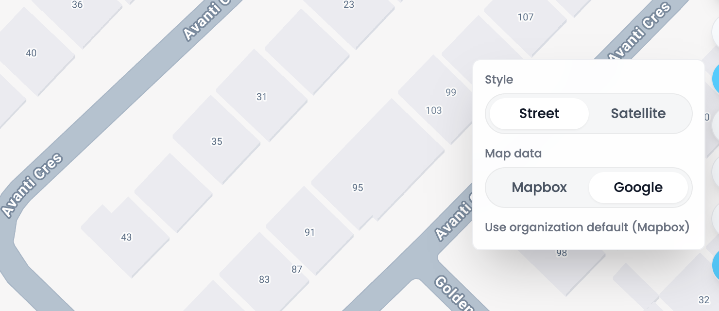 The map with a house number on every home, and the Layers panel open: Style set to Street, Map data set to Google.