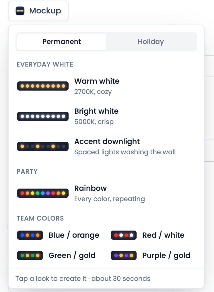 The Mockup picker on the Permanent tab: Warm white, Bright white, Accent downlight, Rainbow, and team colours like Blue and orange, Red and white, Green and gold, Purple and gold.