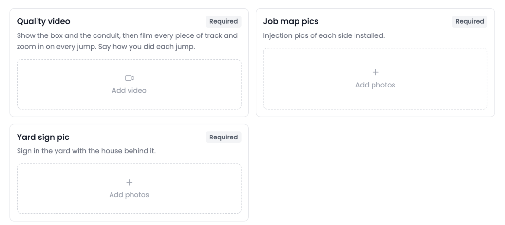 Three quality check boxes on a job, each marked Required: Quality video with Add video, Job map pics and Yard sign pic with Add photos.